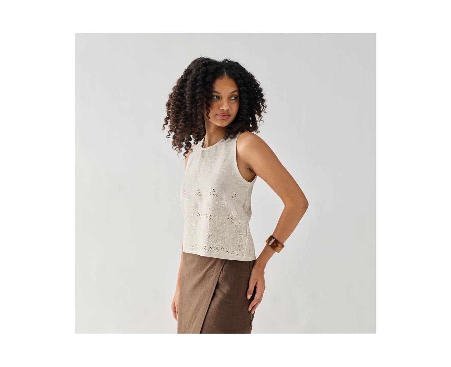 Women's Checkered Linen Embroidered Button-Back Top