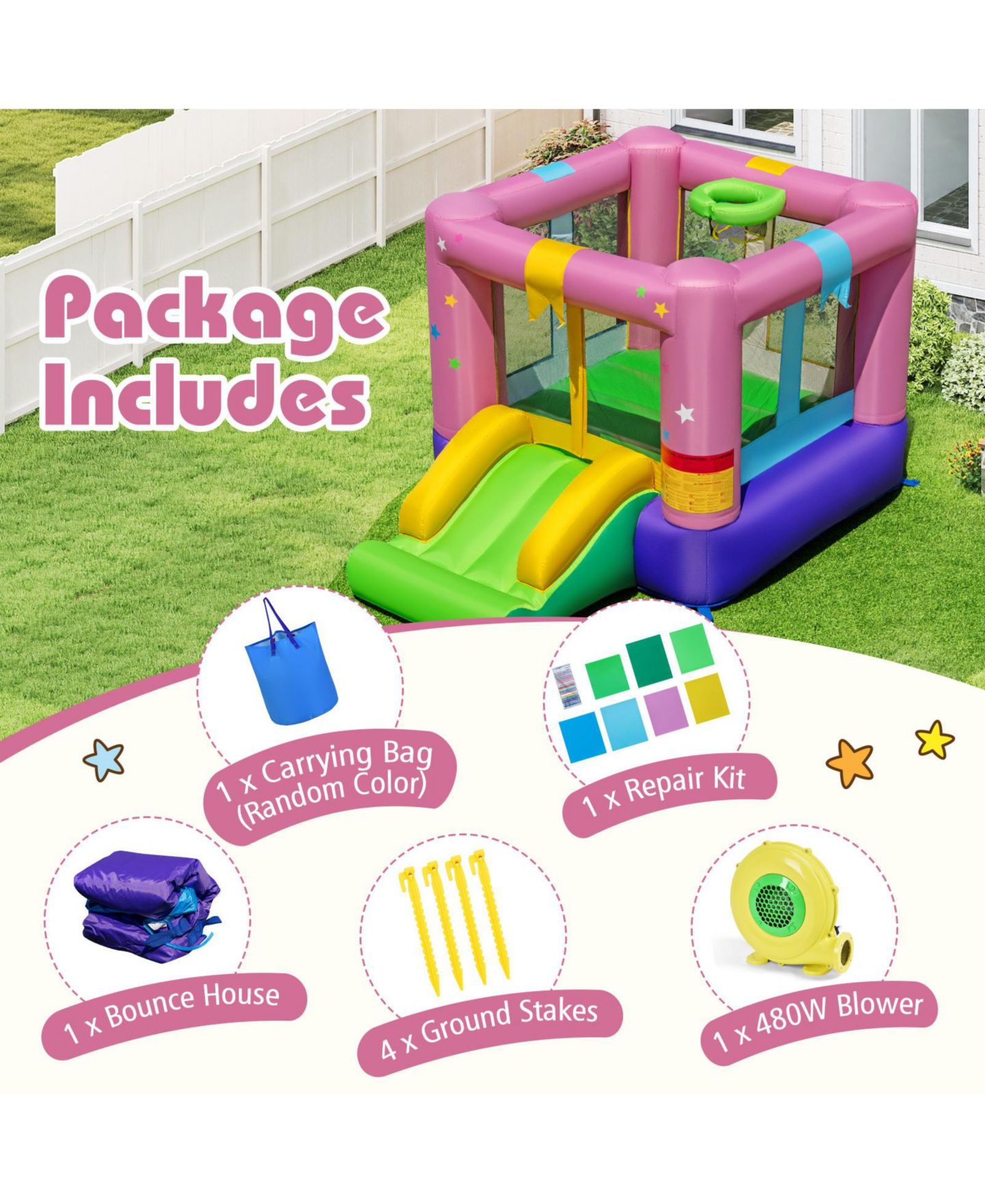 Детская игрушка Slickblue Party Inflatable Bounce House with Slide and 480W Blower, For up to 2 Players, Ages 3-12, цвет: Разноцветный — фото 5
