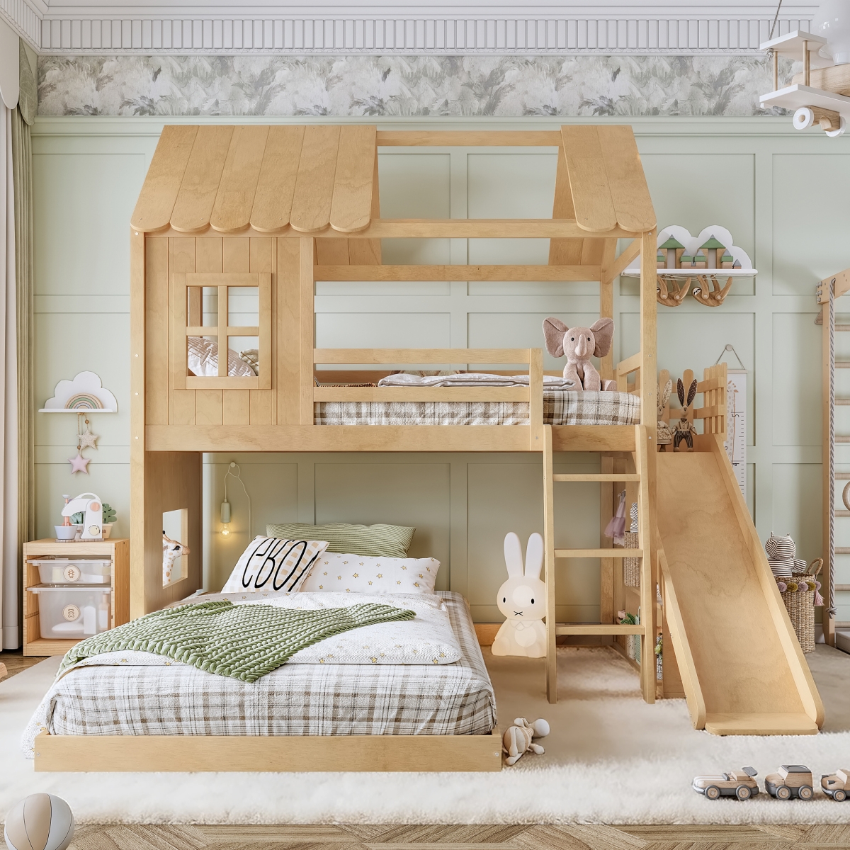 Streamdale Furniture Full House Bunk Bed with Storage, Wardrobe, and Slide