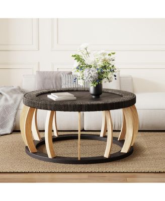 Vintage Rattan and Solid Wood Round Coffee Table