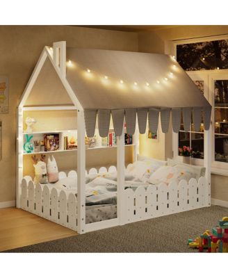 Montessori House Bed with Fence, Lights and Storage