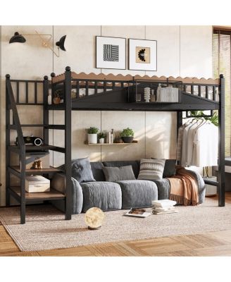 Metal Loft Bed with Storage Stairs and Bookshelf