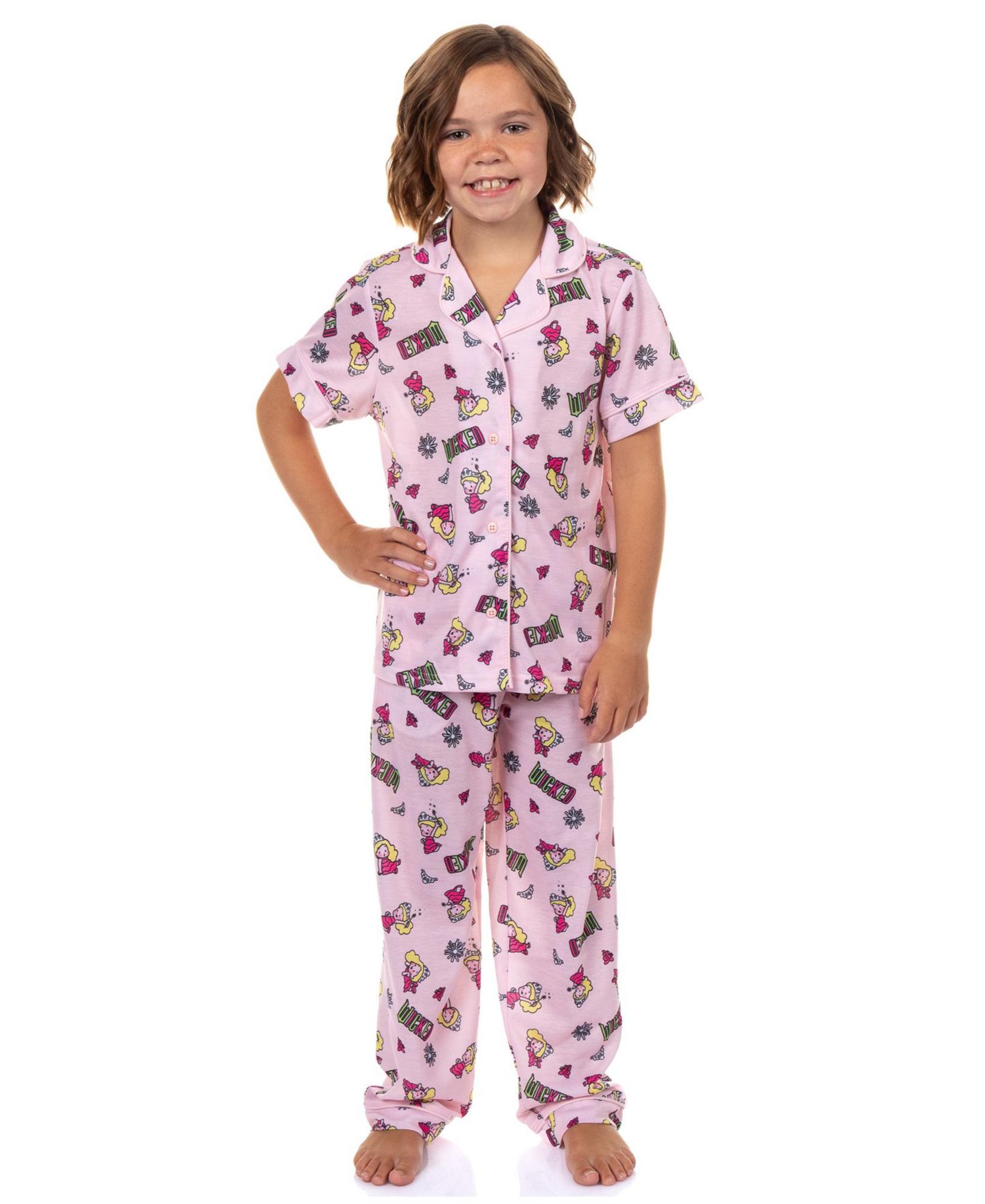 Pajamas Girls' Kids Glinda Chibi Crown Butterfly 2PC Coat Front Pajama Pant Set