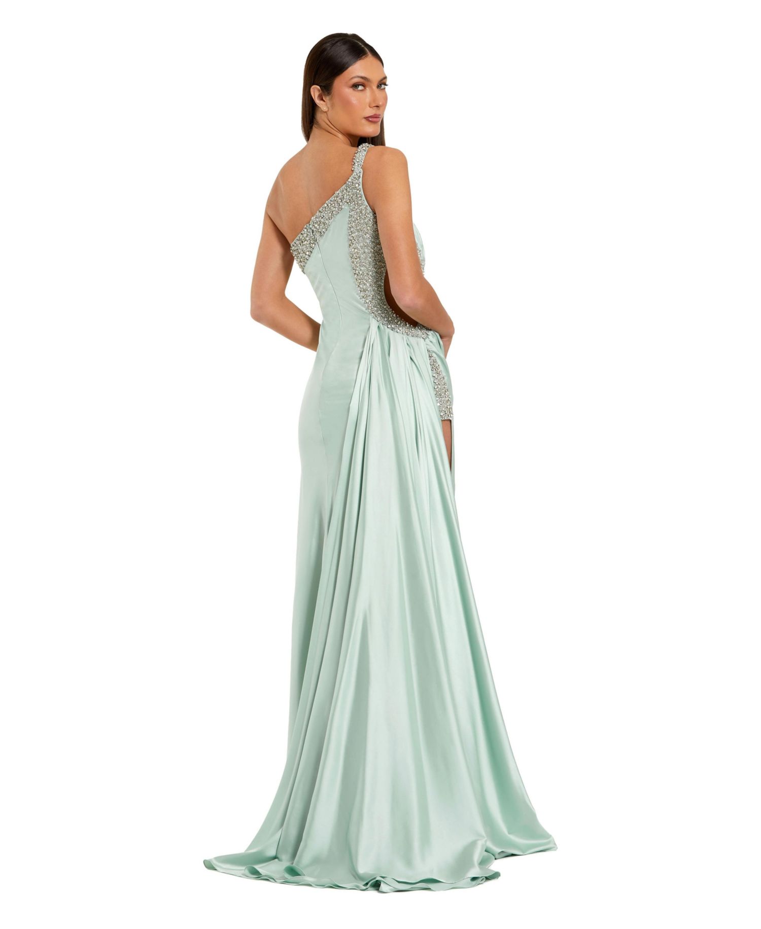 Women's Ruched One Shoulder Side Cutout Embellished Satin Gown