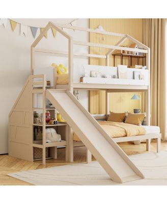 House-Shaped Wooden Bunk Bed with Slide, Storage Stairs