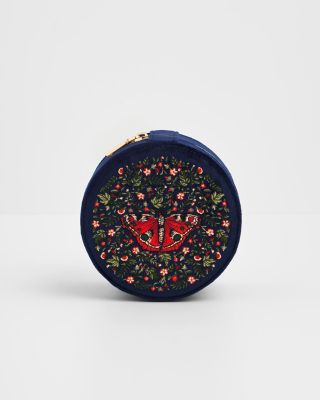Women's Butterfly Velvet Embroidered Circle Jewellery Box