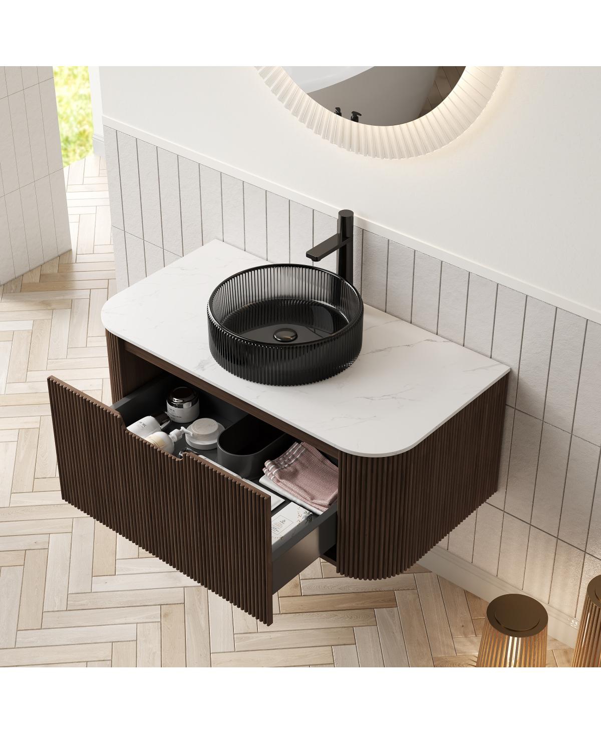 Sillysis Wall Mounted Bathroom Vanity with Crystal Glass Vessel Sink, Wood Grain Cabinet