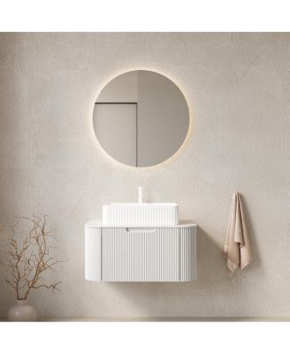 Wall Mounted Bathroom Vanity with Rectangular Ceramic Basin, Sintered Stone Top, Stripe Panel, Pre-assembled