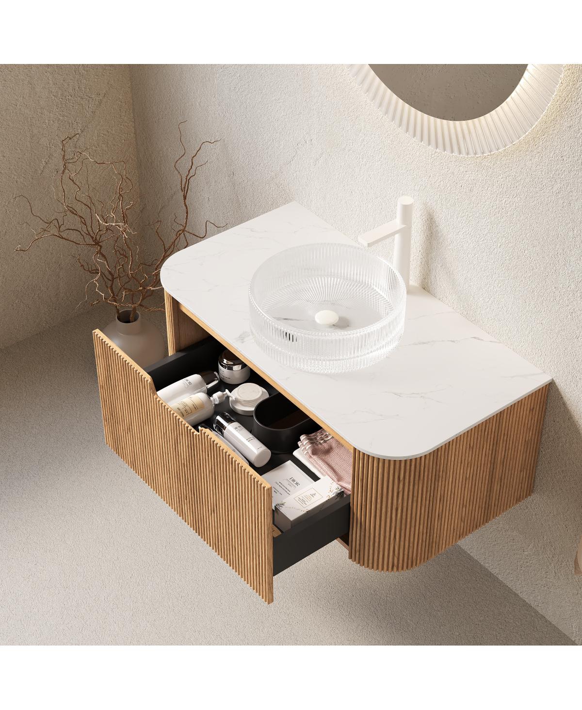 Sillysis Wall Mounted Bathroom Vanity with Crystal Glass Vessel Sink, Soft Close Drawer, Ample Storage