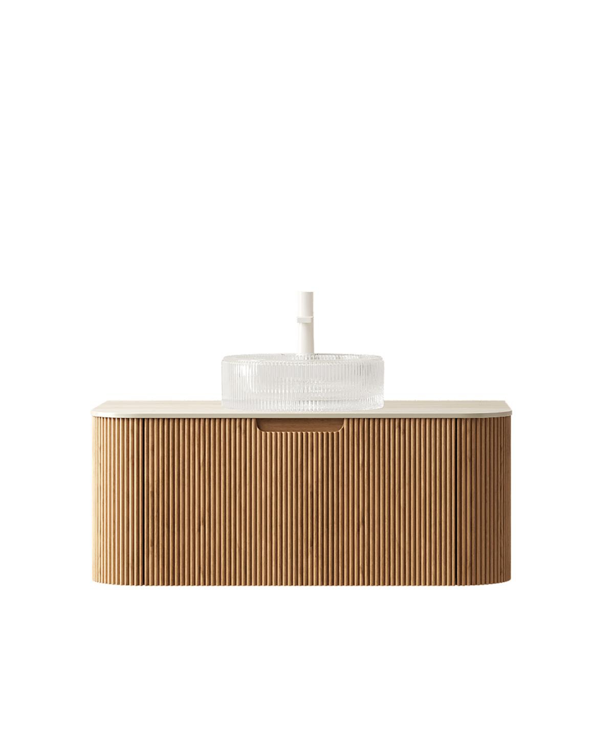 Sillysis Wall Mounted Bathroom Vanity with Crystal Glass Round Sink, Wood Grain Cabinet, Sintered Stone Top