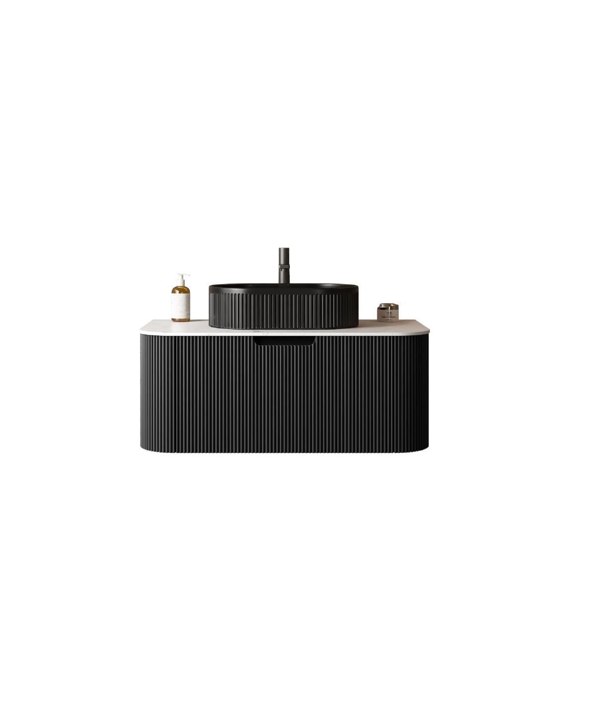 Sillysis Wall Mounted Bathroom Vanity with Sintered Stone Top, Oval Ceramic Sink, Striped Drawer Panel