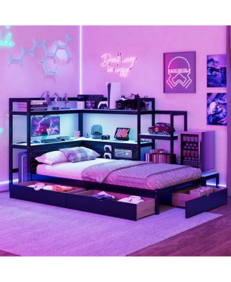 Gaming Daybed with Desk, LED Lights, 3 Drawers and Charging Station