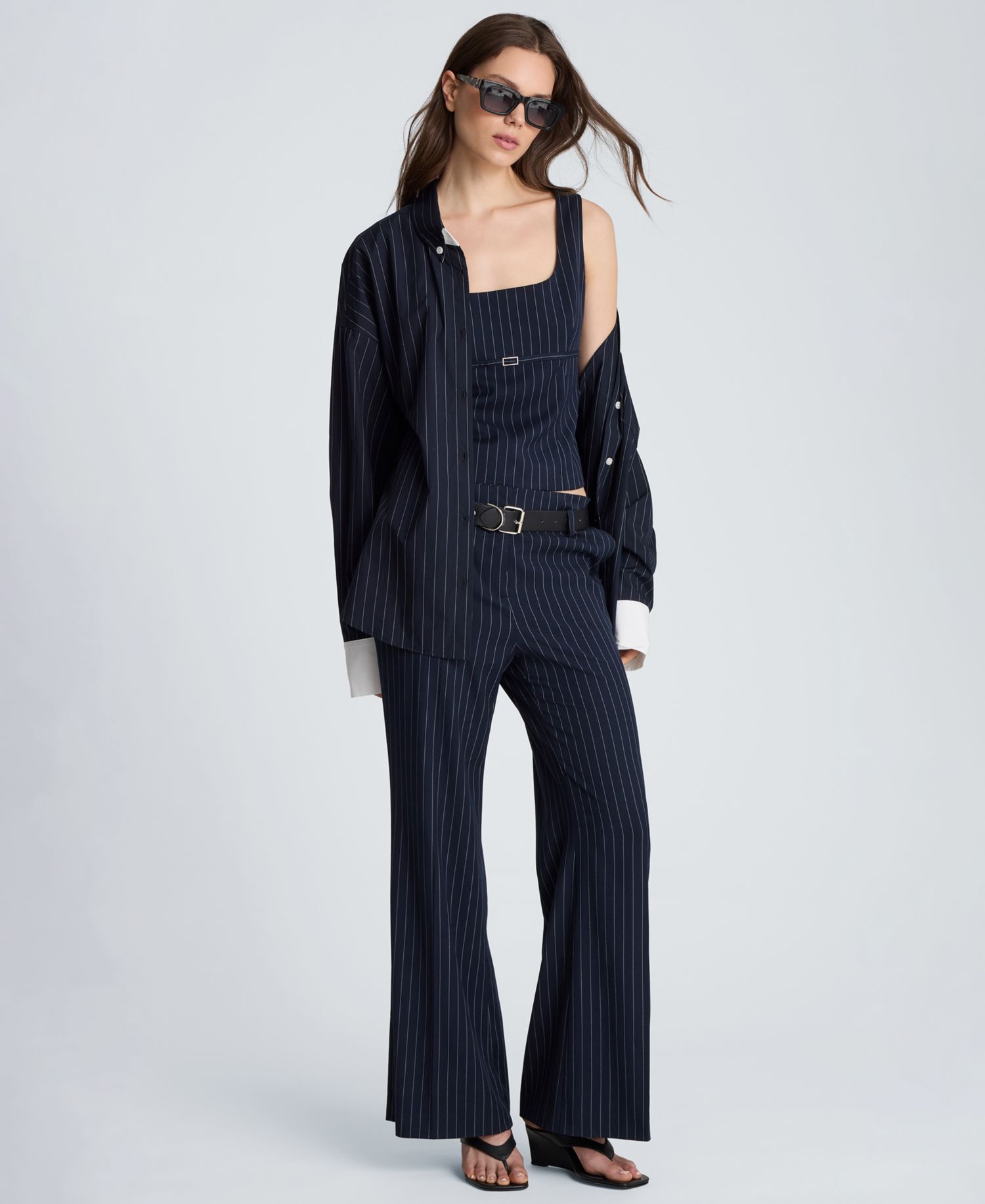 Women's Fitted Belted Empire Waist Pinstripe Bodice
