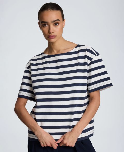 Женский топ Kenneth Cole Cotton Boat Neck Stripe, цвет: Белый / Тёмно-синий