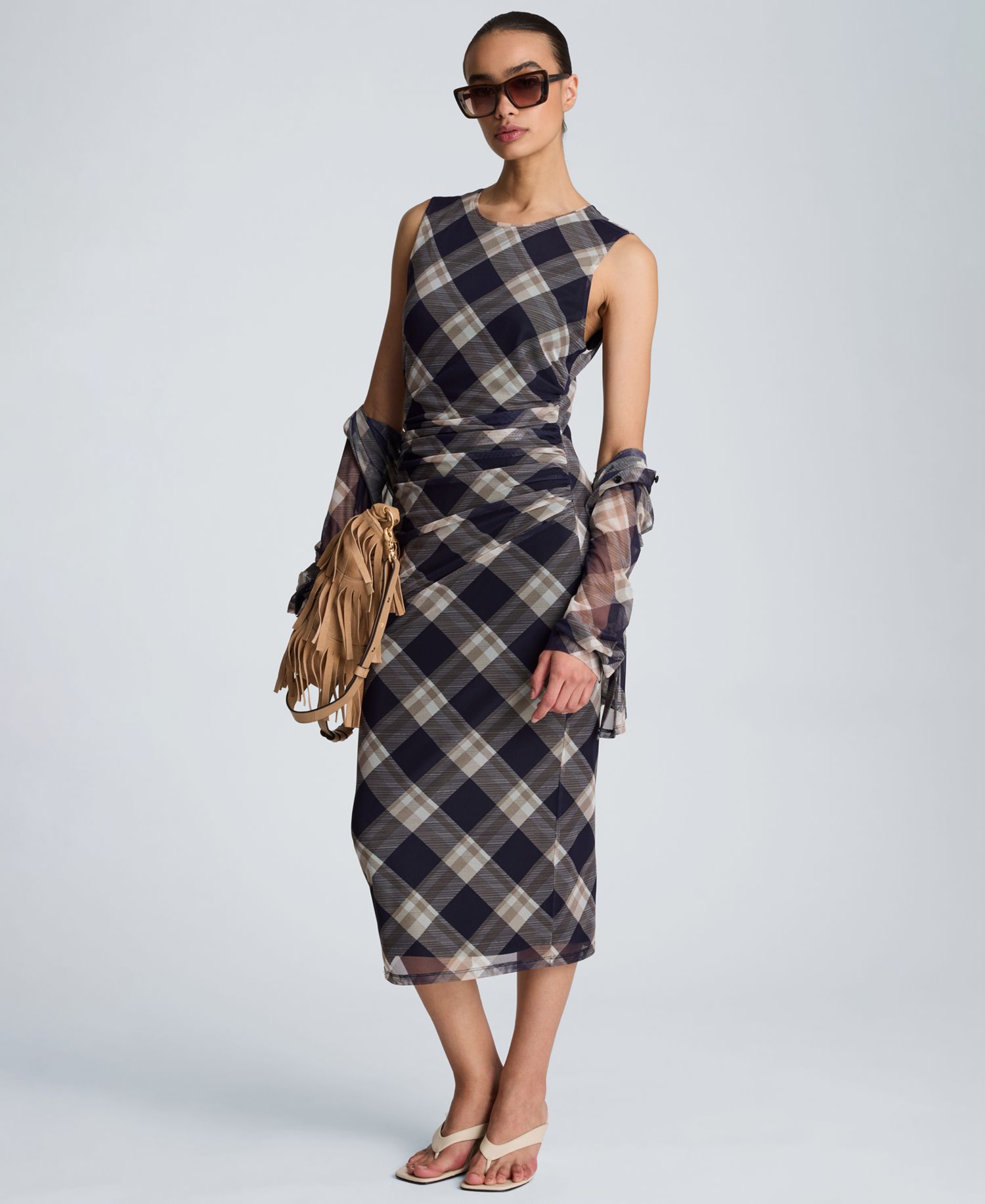 Women's Sleeveless Side Ruched Plaid Midi Dress
