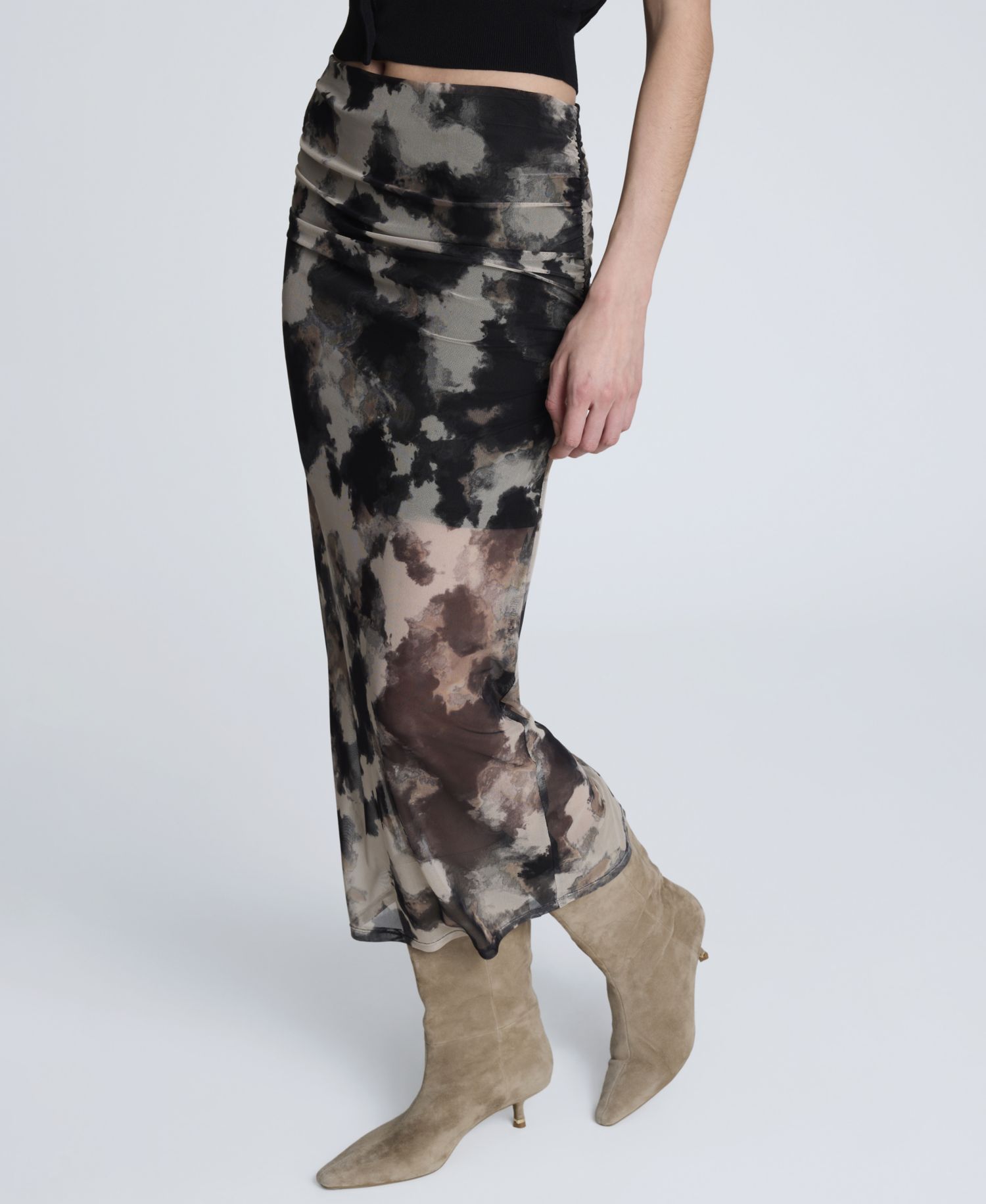 Women's Side Ruched Printed Mesh Midi Skirt
