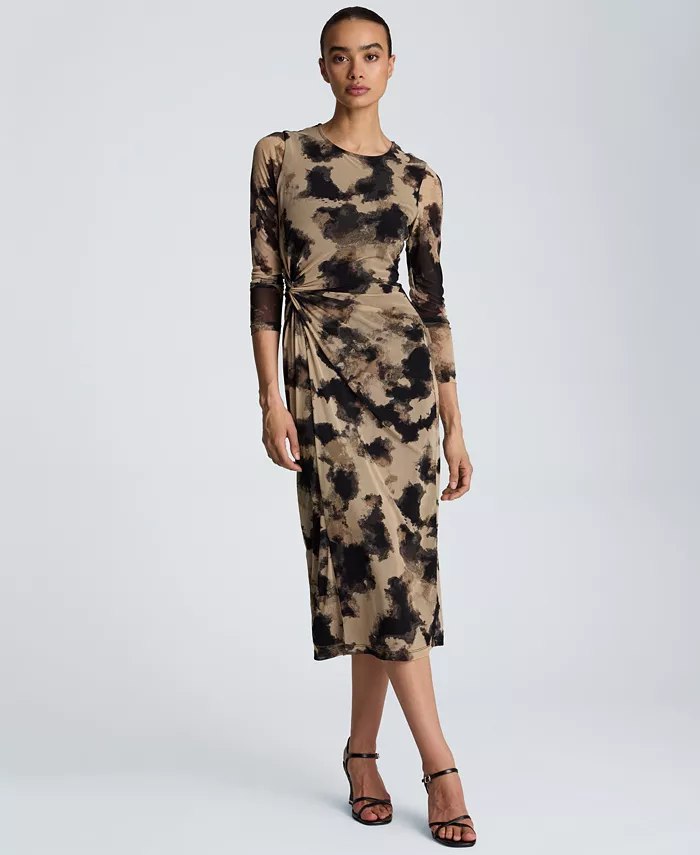 Women's Knot Front Printed Mesh Midi Dress