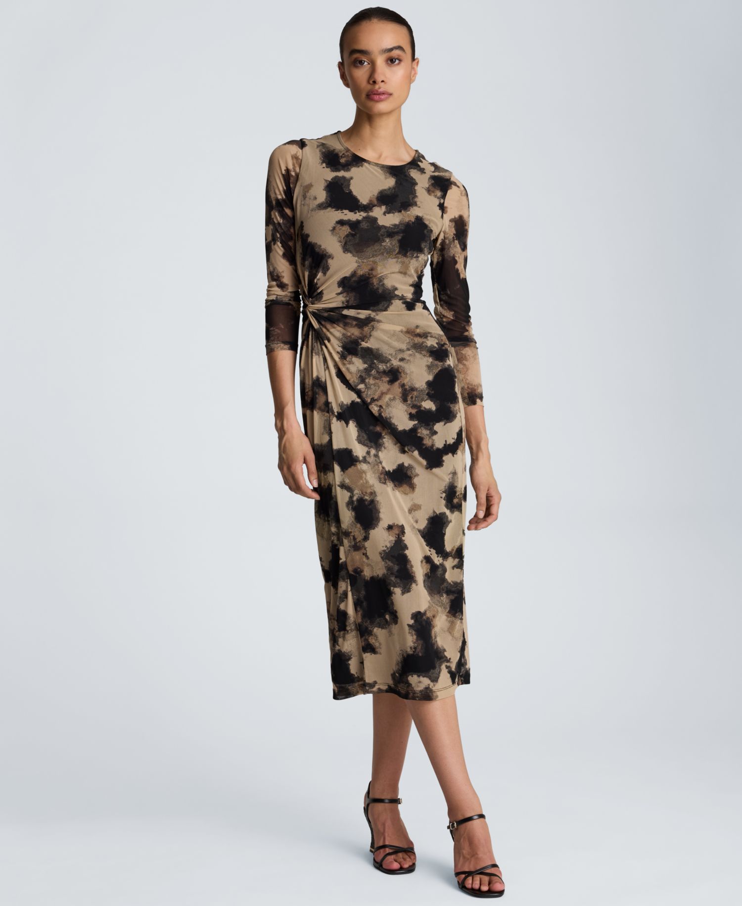 Women's Knot Front Printed Mesh Midi Dress