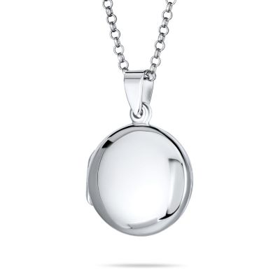 Simple Round Photo Locket Necklace Medium Dome Circle Holds Pictures .925 Sterling Silver