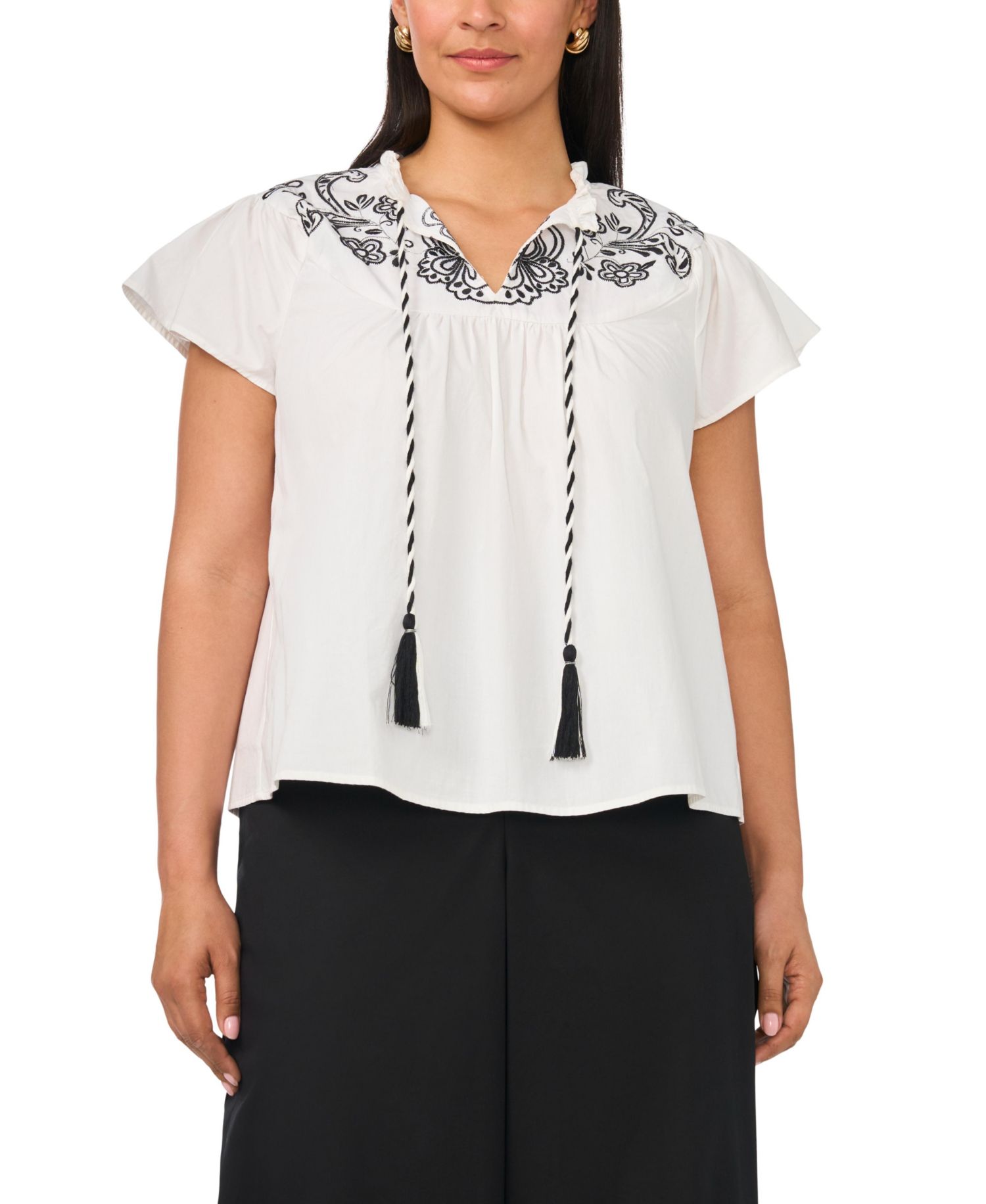 Plus Size Flutter-Sleeve Split Neck Front Yoke Blouse