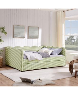 Queen Size Gingham Daybed with Storage Drawers, USB Port and Wave Headboard