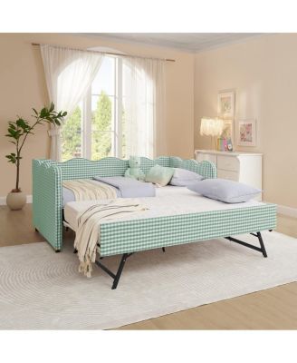 Cozy Gingham Twin Daybed With Trundle, USB Port, And Wave-Shaped Backrest