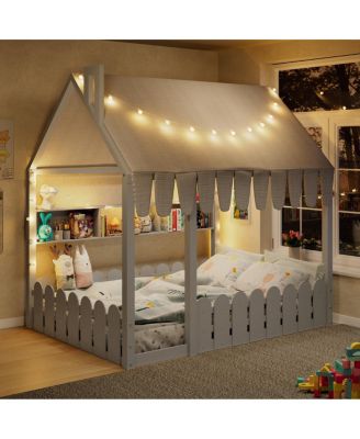 Full Size Montessori House Bed with Fence, Storage and Lights