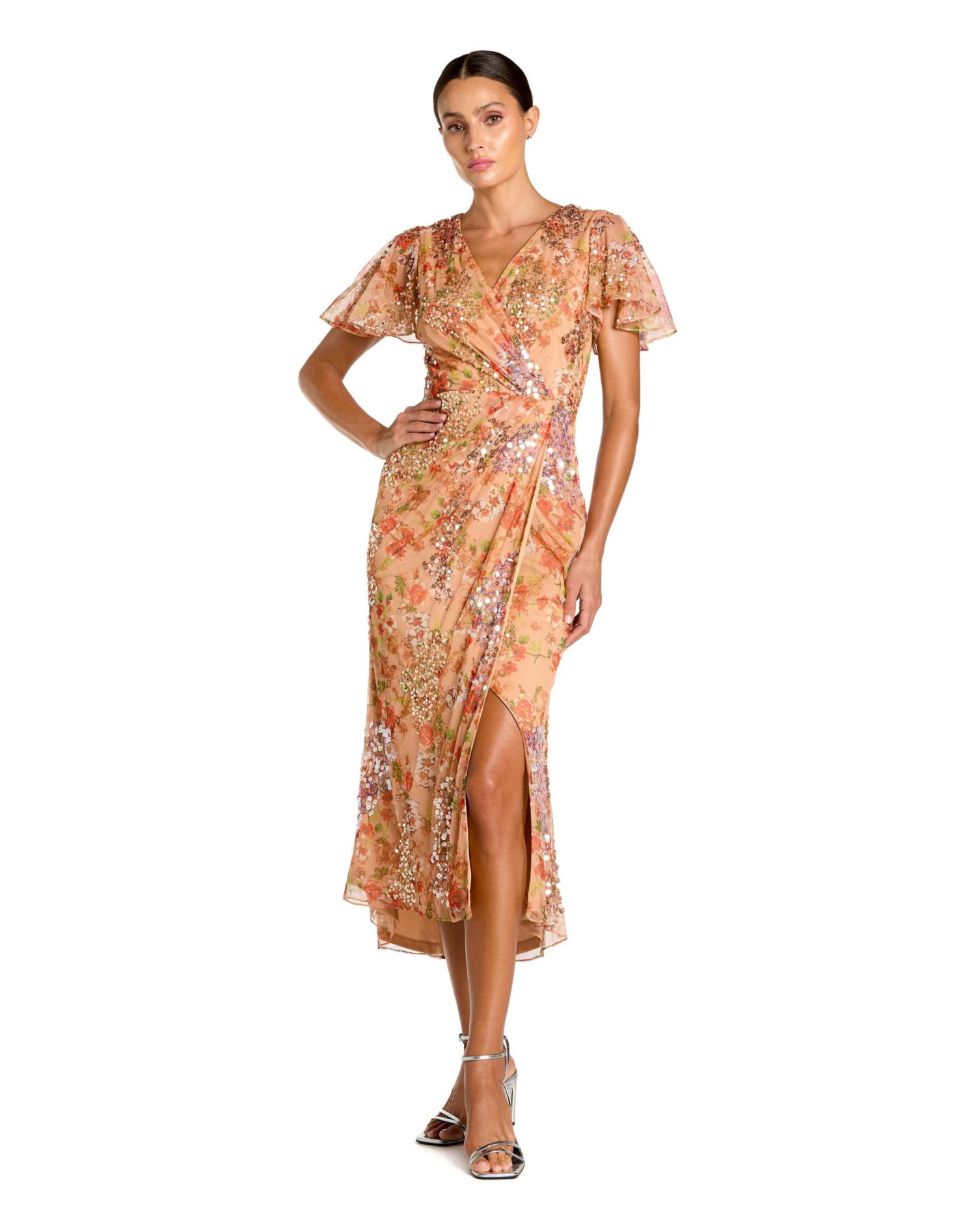 Women's Printed Mesh Flutter Sleeve Faux Wrap Midi Dress