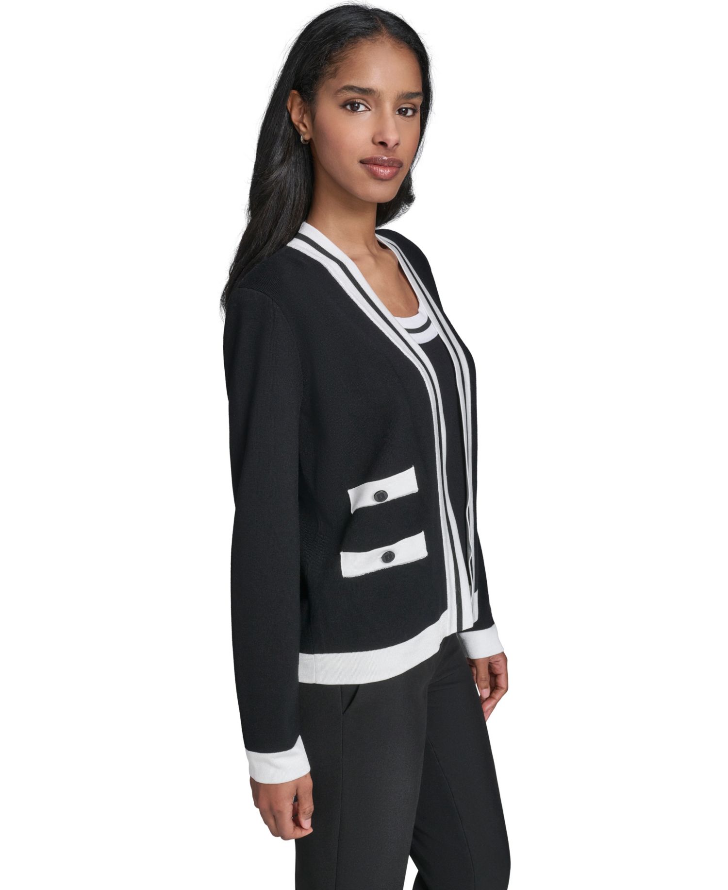 Petite Open-Front Long-Sleeve Knit Cardigan with Contrast Trim