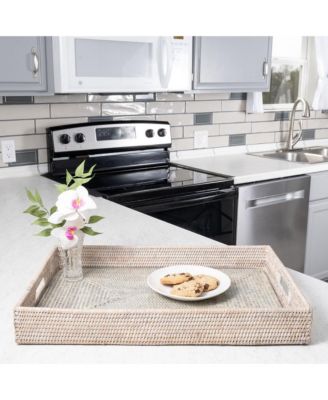 Rectangular Rattan Tray with Cutout Handles and Glass Insert