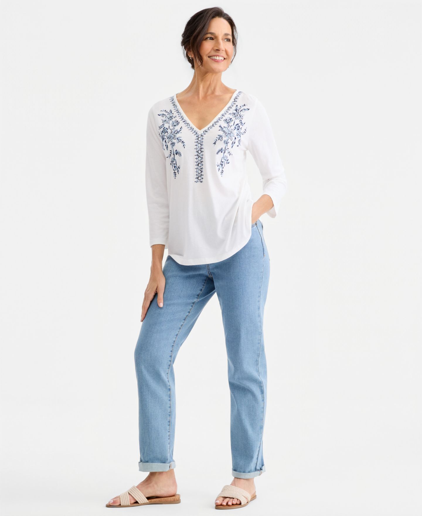 Женский топ Style & Co Long-Sleeve Embroidered Knit Top, цвет: Яркий белый — фото 2