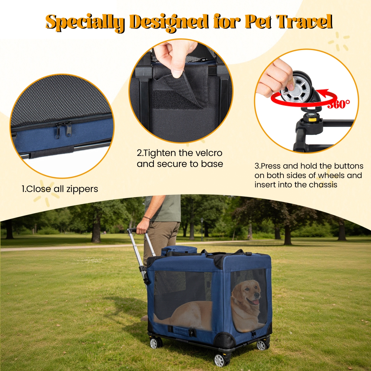 Streamdale Furniture 24'' Collapsible Rolling Dog Crate, Portable 3-Door Pet Kennel