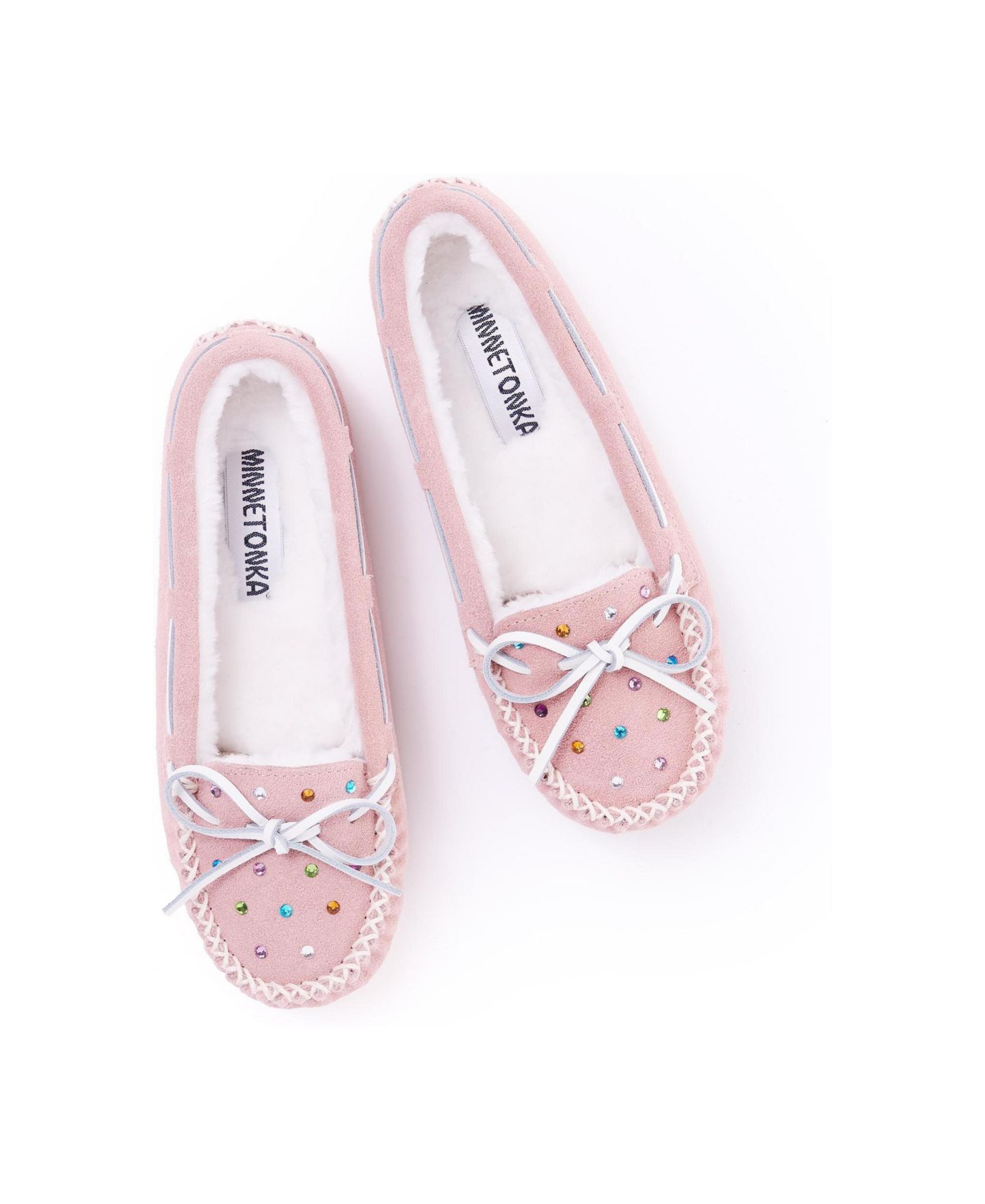 Женские тапочки Minnetonka Cally Rhinestone Suede Slippers, цвет: Пудровый — фото 3