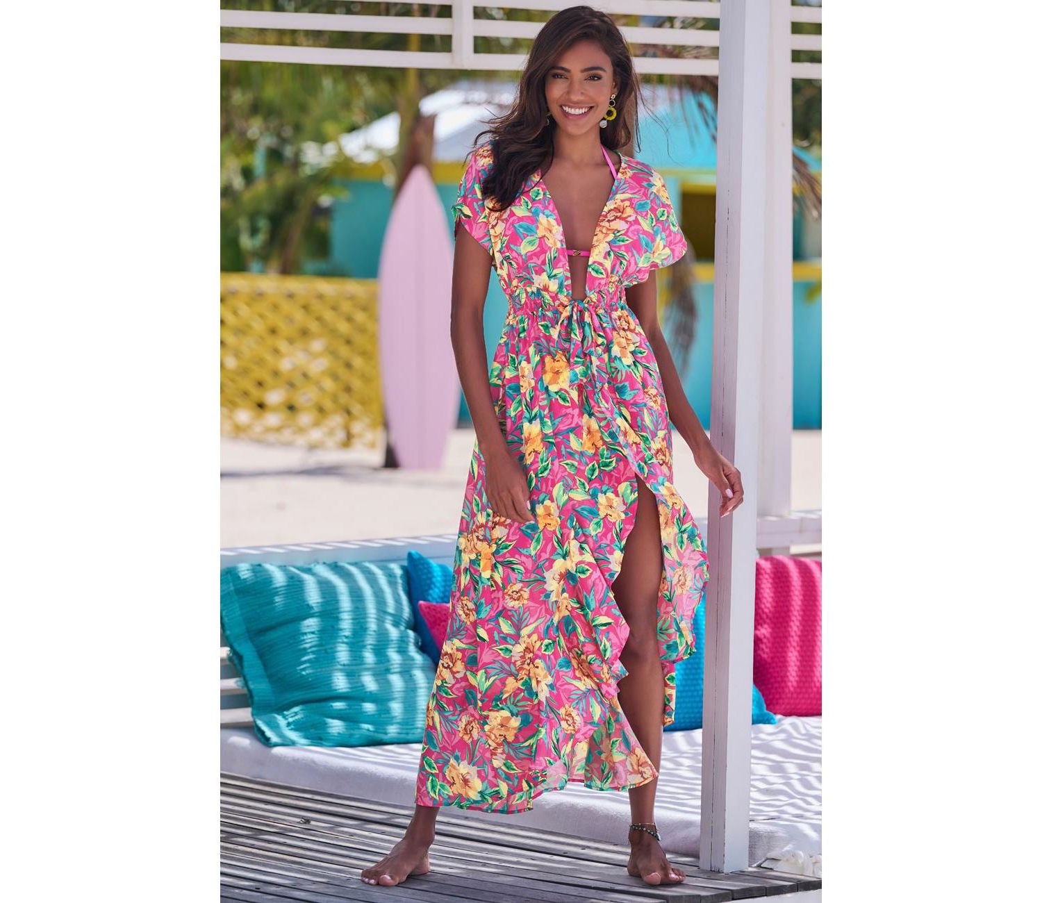 Women's Floral Print Flounce Hem Ruffle-Trim Swim Cover-Up