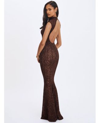 Women's Tyanna Mocha Burnout Velvet Mesh Backless Mermaid Maxi Dress