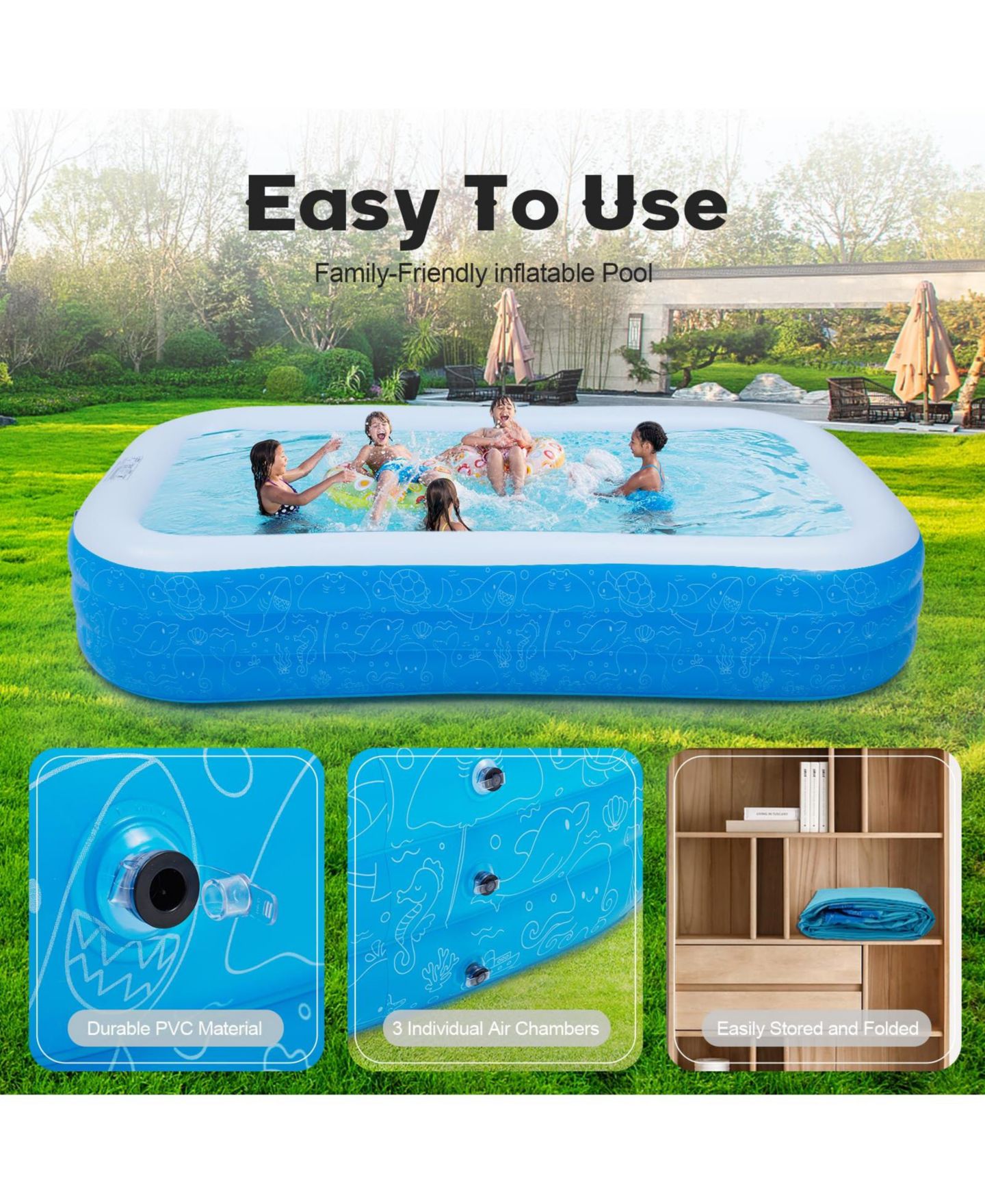Детская игрушка GNUADZ 120-Inch Rectangular PVC Durable Inflatable Pool, 637-Gallon, Ages 3+, цвет: Синий — фото 4