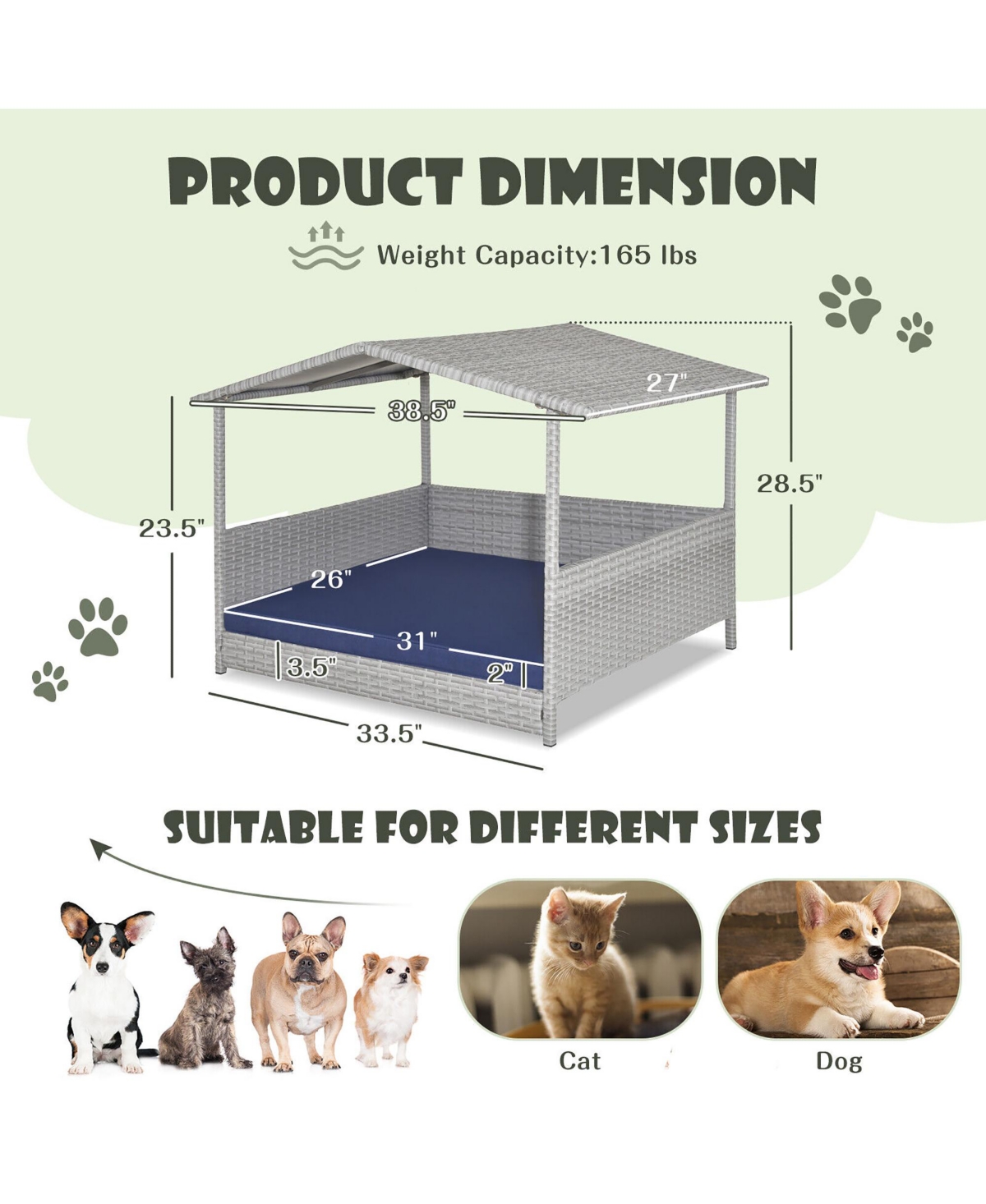 Gymax Wicker Dog House Weather-Resistant Raised Rattan Pet Bed w/ Detachable Cushion