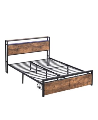 Full Size Industrial Bed Frame with Storage Headboard LED Lights Charging Station and 2 Underbed Drawers