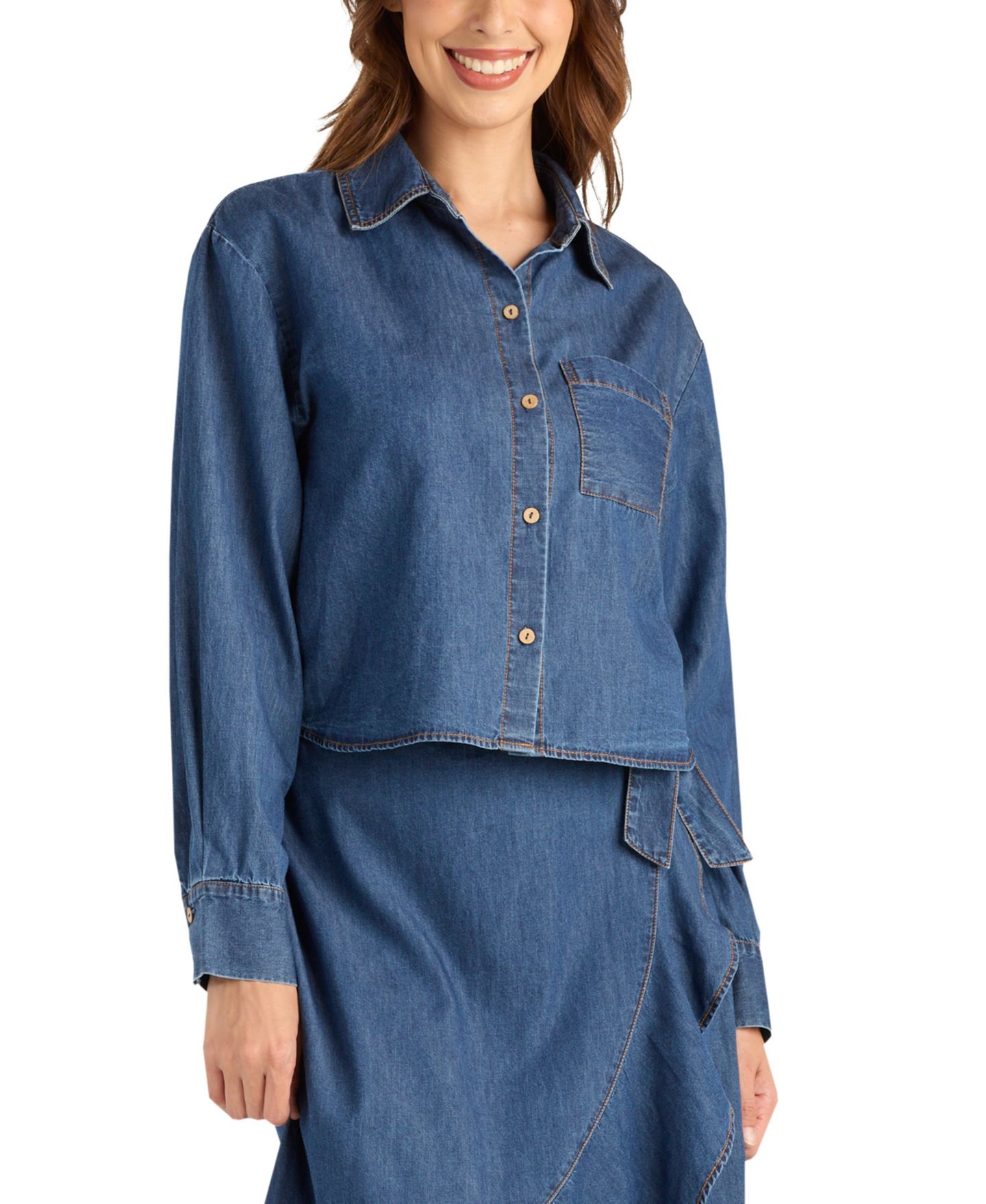 Женский топ BCX Denim Long-Sleeve Collared Crop, цвет: Джинсовый — фото 2