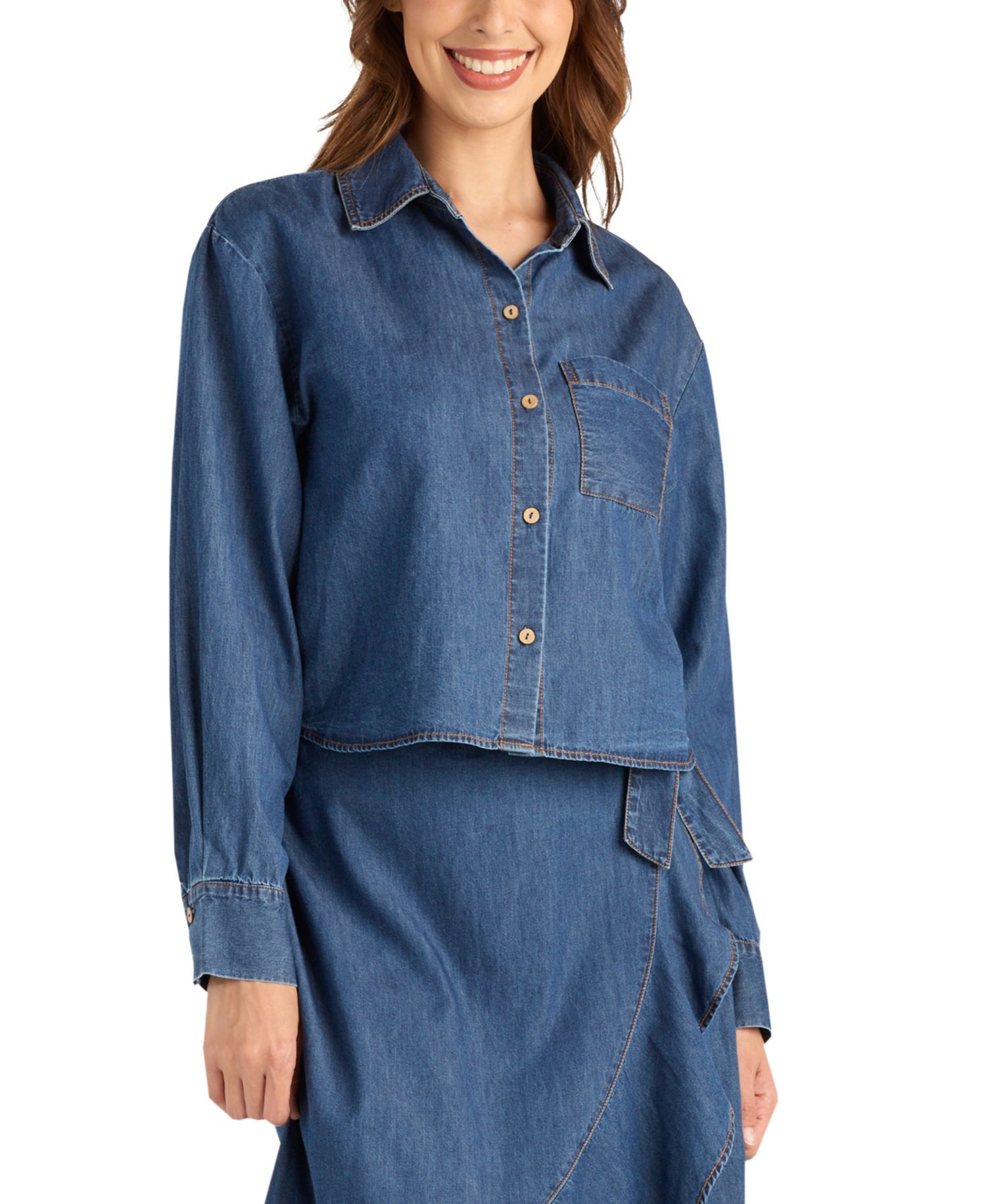 Women's Denim Long-Sleeve Collared Crop Top