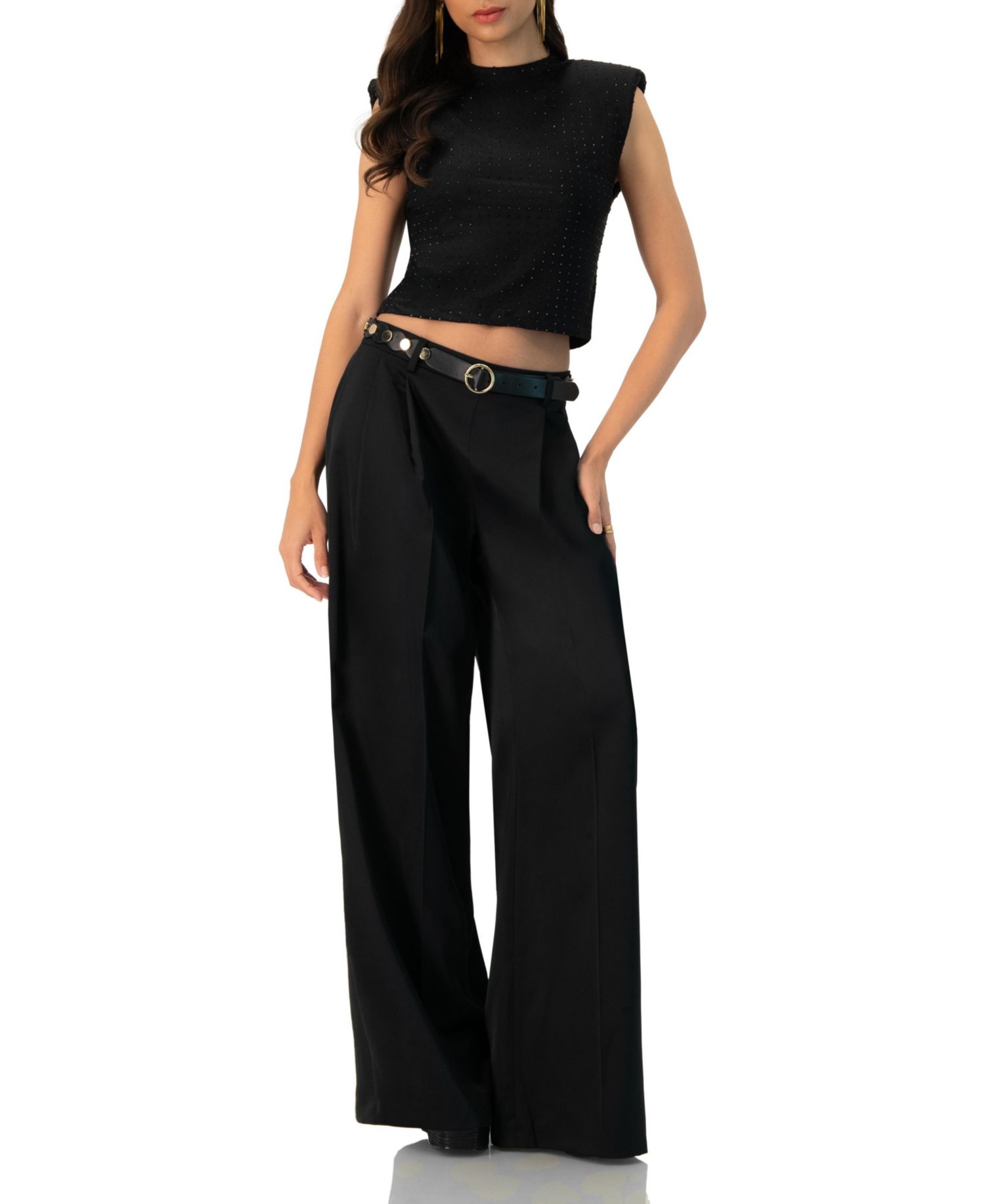 Women's Padded-Shoulder Cropped Rhinestone Top