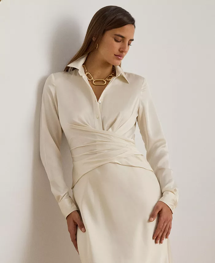 Women's Pleated Button-Up Charmeuse Gown - thumbnail 2