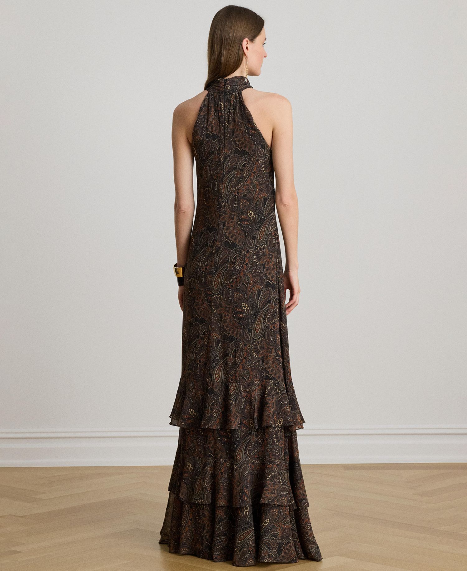Women's Paisley Georgette Tiered Mockneck Gown