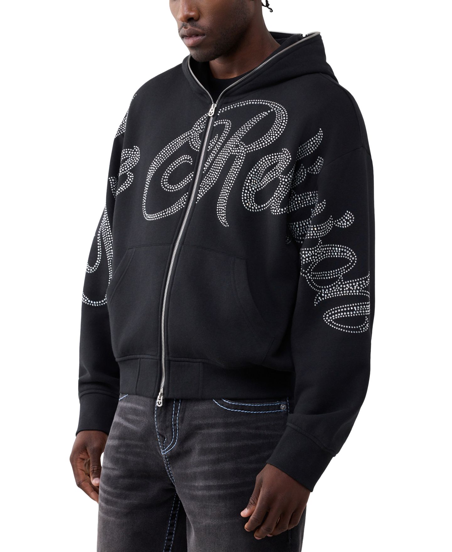 Мужское худи True Religion Crystal Script Boxy Full-Zip, цвет: Угольно-чёрный — фото 2