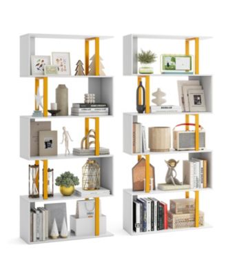 2 Pieces 5 Tier Geometric Bookcase 62 Inch S Shaped Bookshelf with Metal Frame
