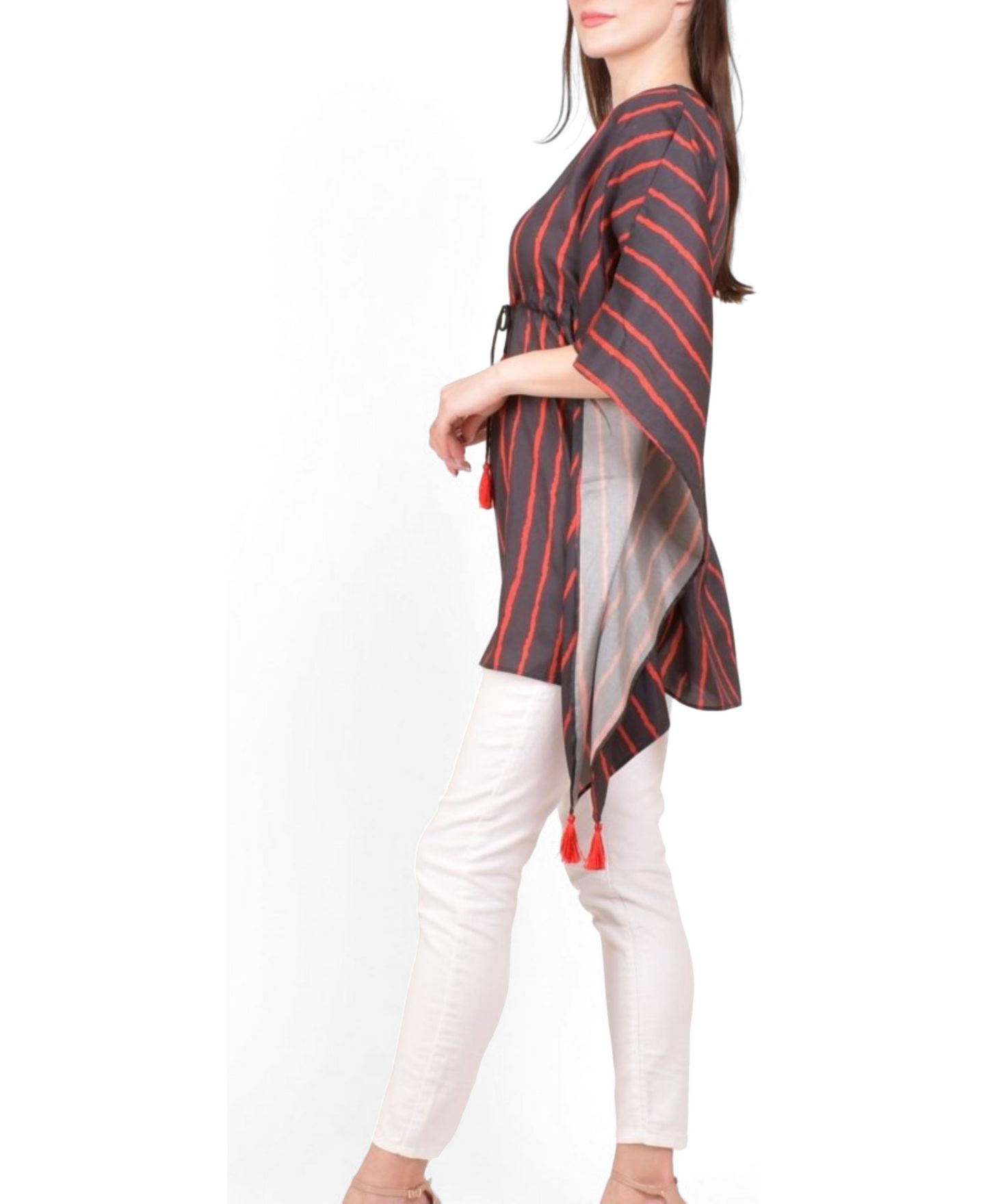 Женский топ RAAS Stripe Floral Embroidered Boho Kaftan, цвет: Чёрный / Красный — фото 2