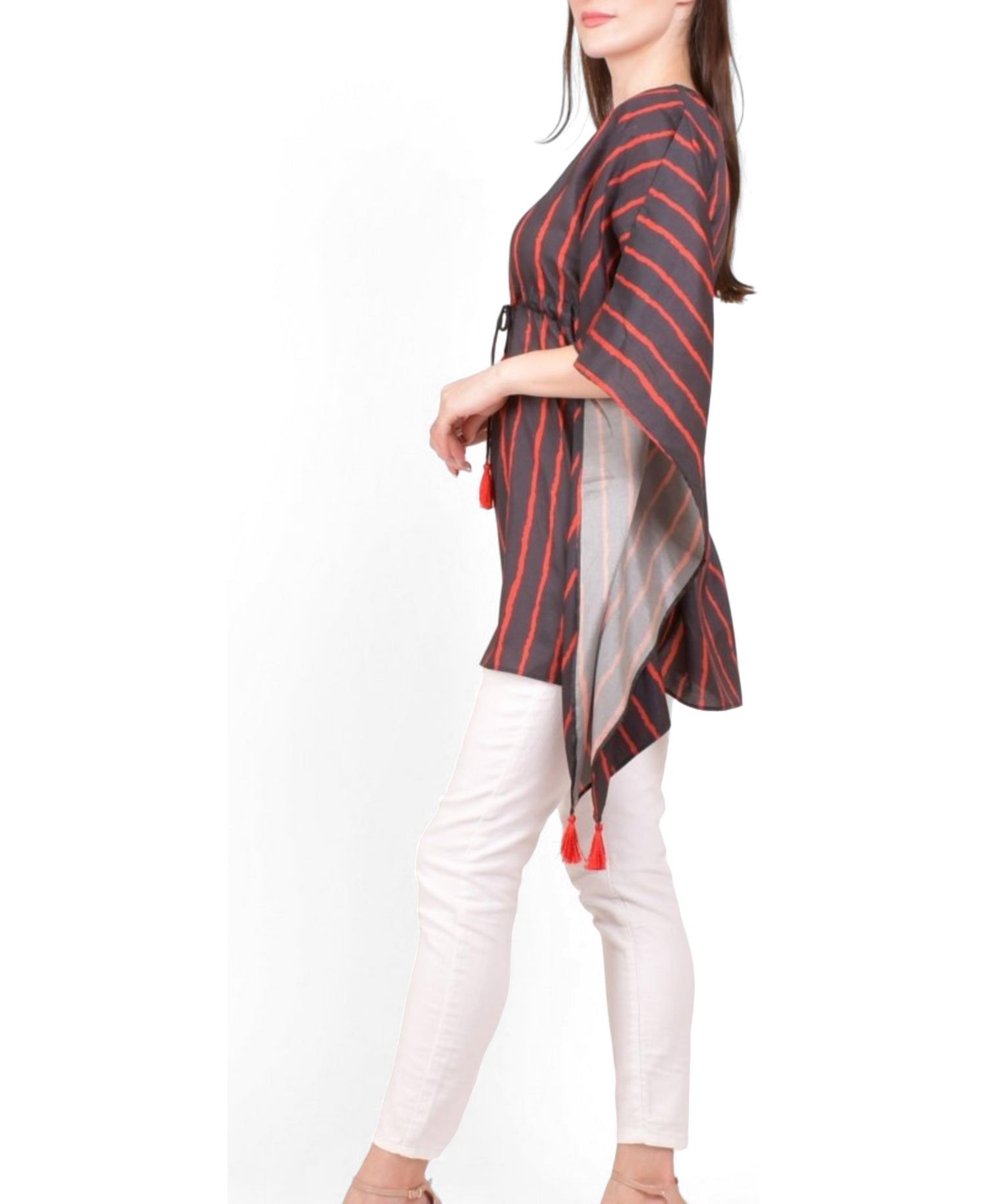 Women's Stripe Floral Embroidered Boho Kaftan Top