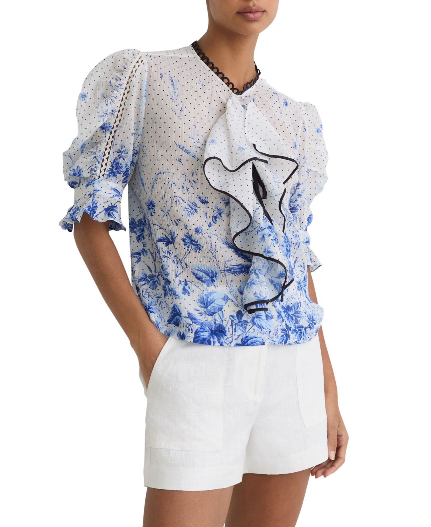 Women's Cotton Floral-Print Ruffle Blouse