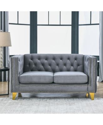 Velvet Sofa with Tufted Square Arms and Metal Legs - 2 Seater