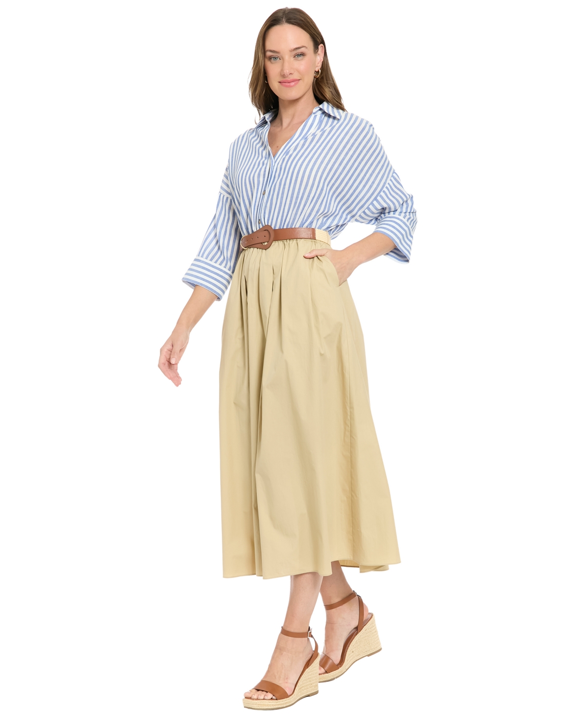 London Times Women's Belted Collared Midi Dress